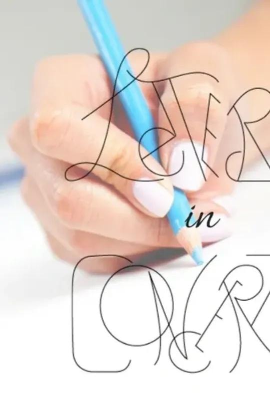 Hand writing with a blue pencil and Letters in Color artwork